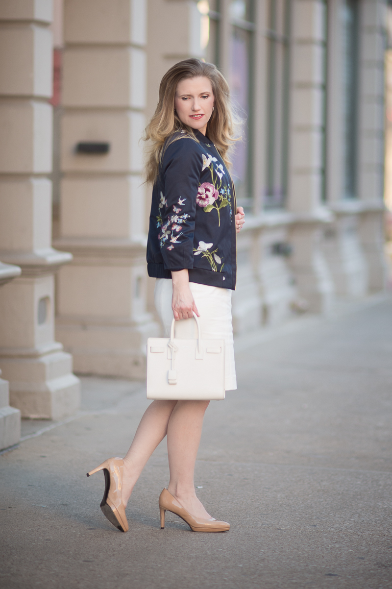 Petite Fashion and Style Blog | Ted Baker Entangled Enchantment Embroidered Bomber Jacket | French Connection Lolo Stretch Sheath Dress | YSL Baby Sac du Jour | Click to Read More...