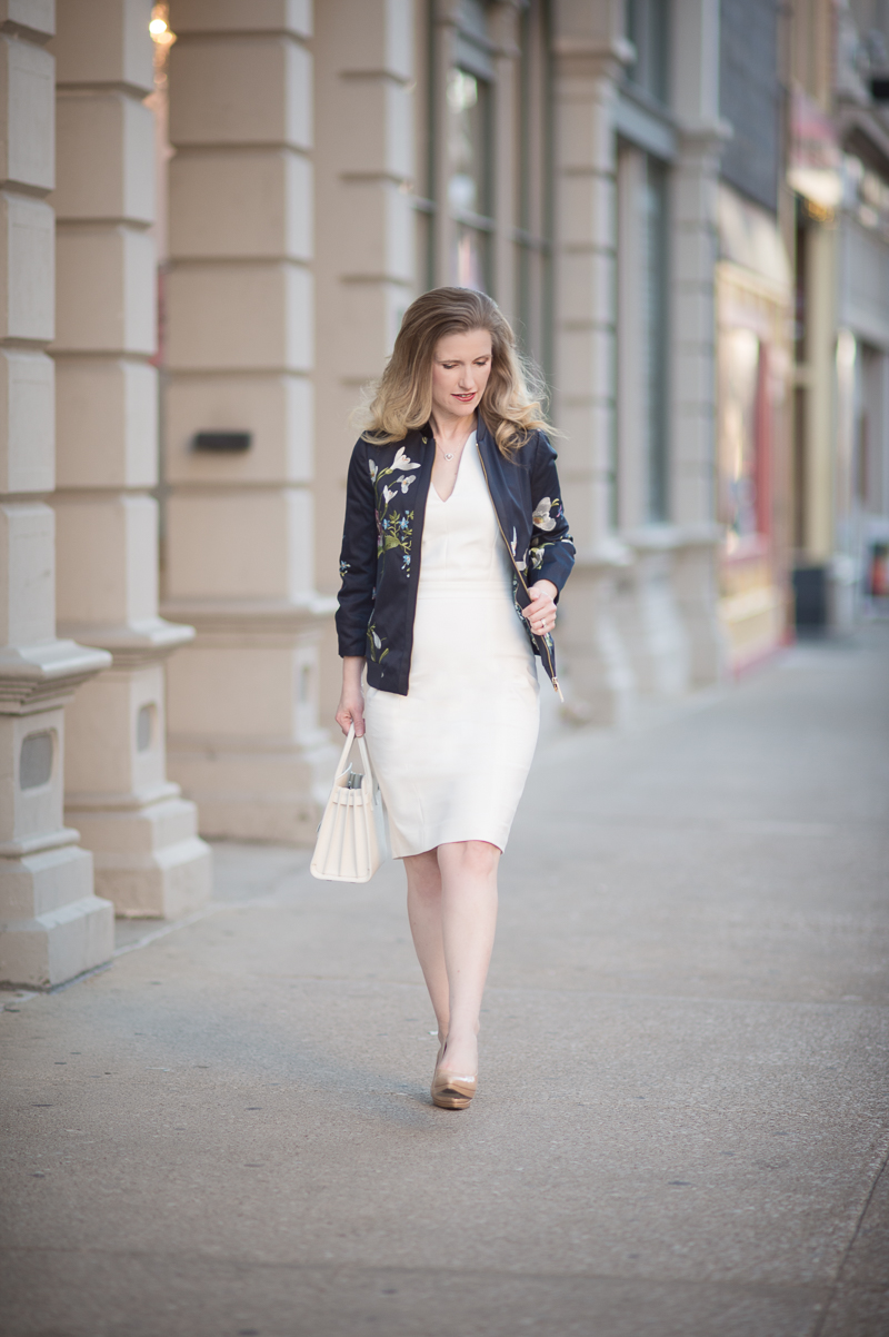 Petite Fashion and Style Blog | Ted Baker Entangled Enchantment Embroidered Bomber Jacket | French Connection Lolo Stretch Sheath Dress | YSL Baby Sac du Jour | Click to Read More...