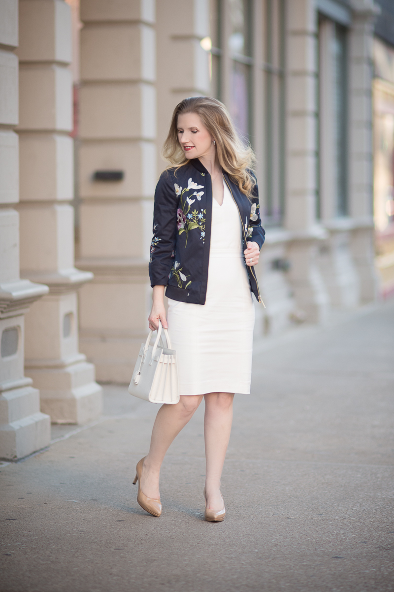 Petite Fashion and Style Blog | Ted Baker Entangled Enchantment Embroidered Bomber Jacket | French Connection Lolo Stretch Sheath Dress | YSL Baby Sac du Jour | Click to Read More...