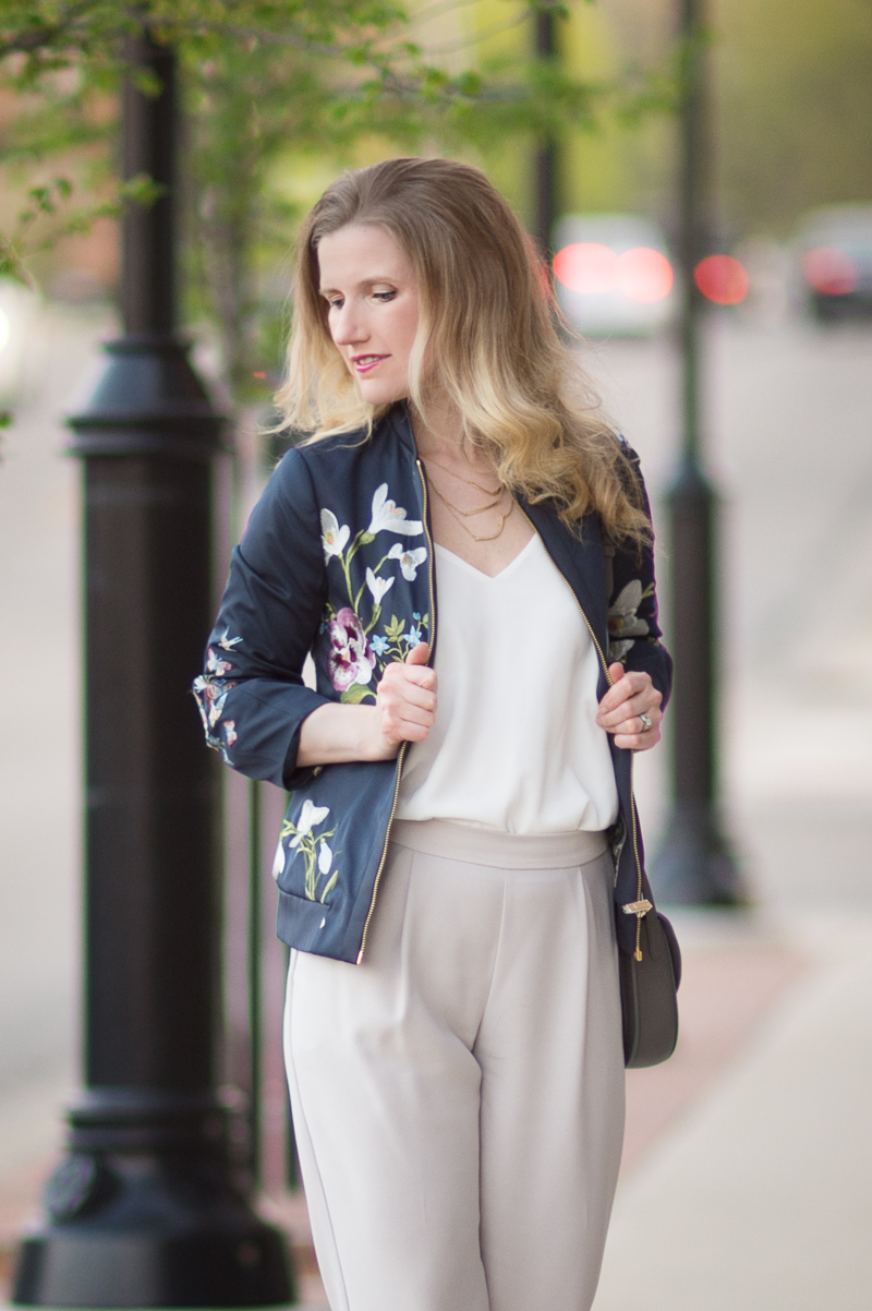Petite Fashion and Style Blog | Ted Baker Entangled Enchantment Embroidered Bomber Jacket| Wallis Tapered Crepe Trousers | Click to Read More...