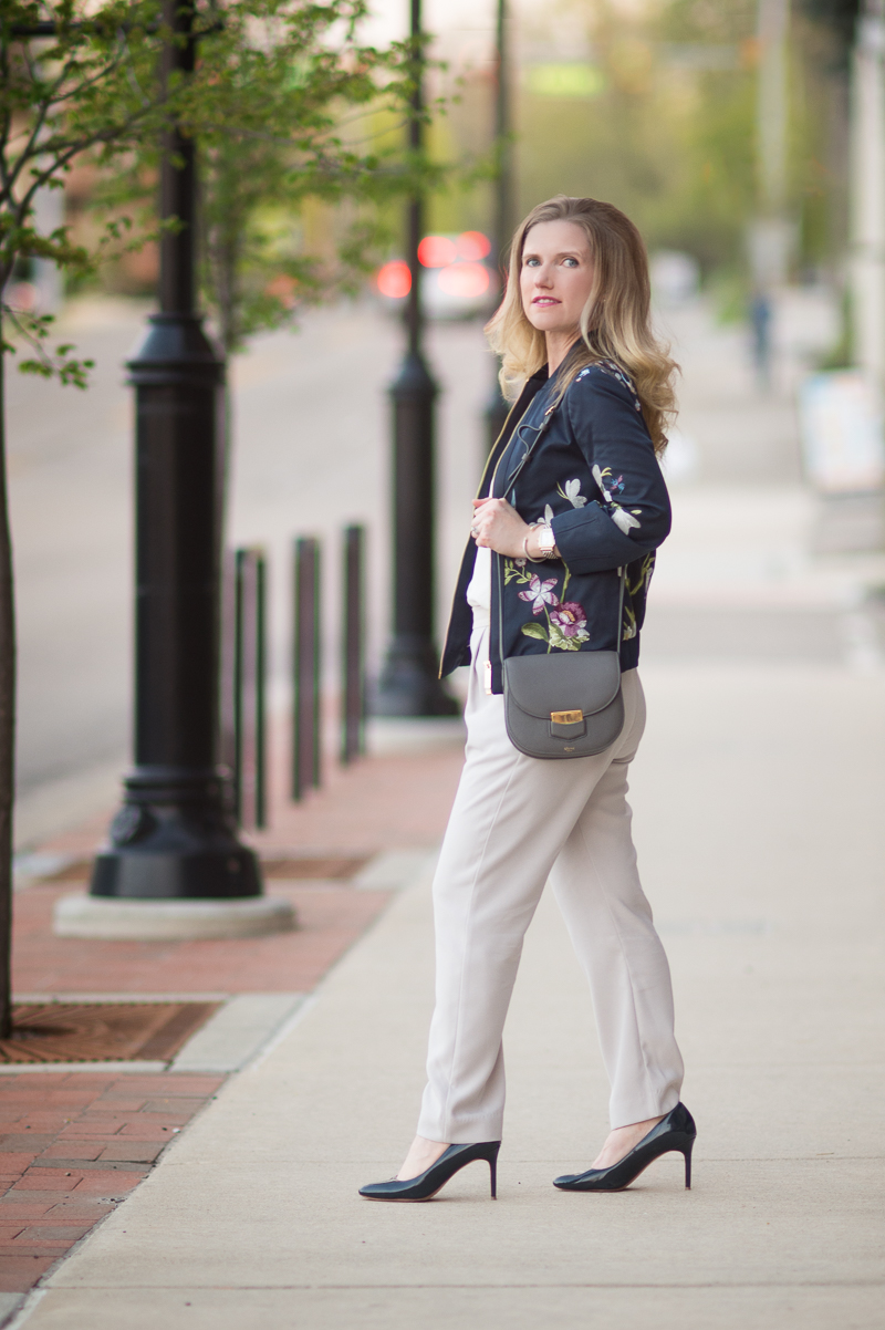 Petite Fashion and Style Blog | Ted Baker Entangled Enchantment Embroidered Bomber Jacket | Wallis Tapered Crepe Trousers | Click to Read More...