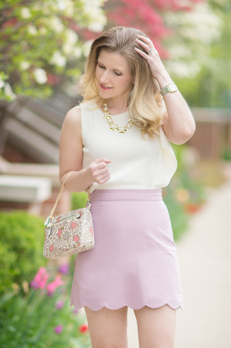 Petite Fashion and Style Blog | ASOS A-Line Mini Skirt with Scallop Hem | Ann Taylor Flounce Shoulder Shell | Coach Lolita Wristlet | Click to Read More...