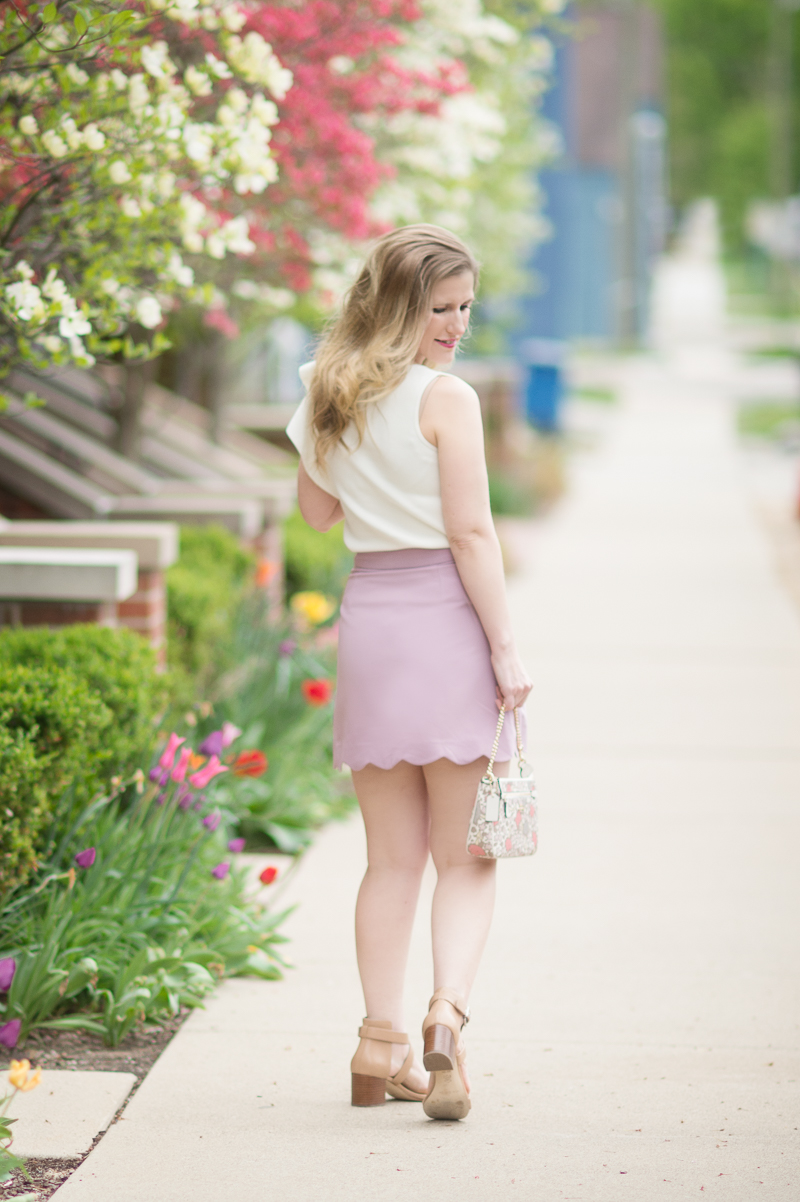 Petite Fashion and Style Blog | ASOS A-Line Mini Skirt with Scallop Hem | Ann Taylor Flounce Shoulder Shell | Coach Lolita Wristlet | Click to Read More...