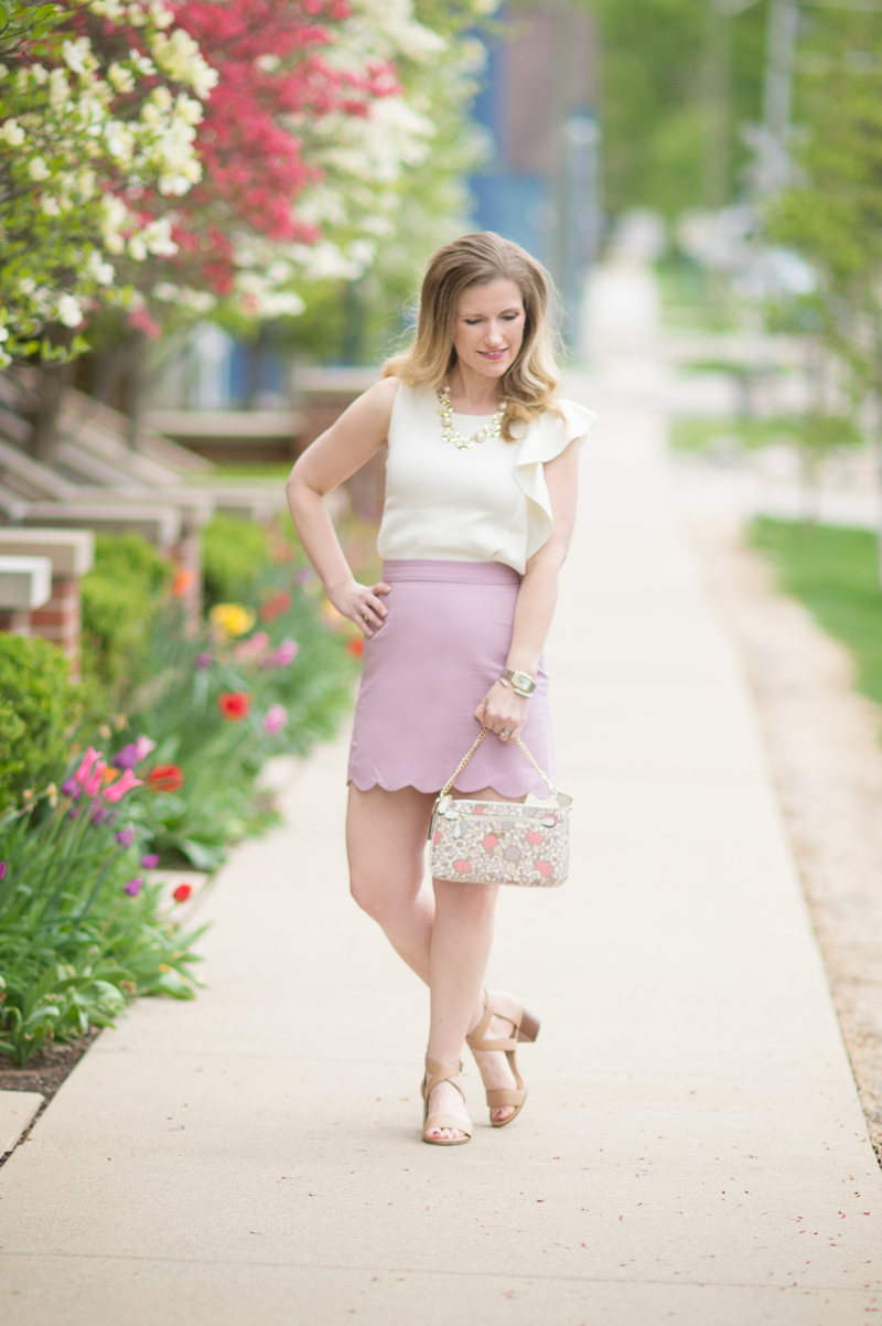 Petite Fashion and Style Blog | ASOS A-Line Mini Skirt with Scallop Hem | Ann Taylor Flounce Shoulder Shell | Coach Lolita Wristlet | Click to Read More...