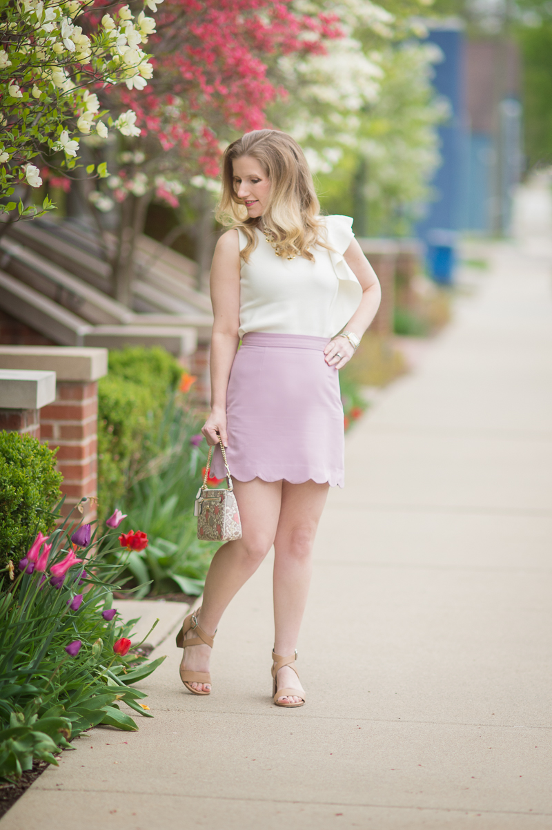 Petite Fashion and Style Blog | ASOS A-Line Mini Skirt with Scallop Hem | Ann Taylor Flounce Shoulder Shell | Coach Lolita Wristlet | Click to Read More...
