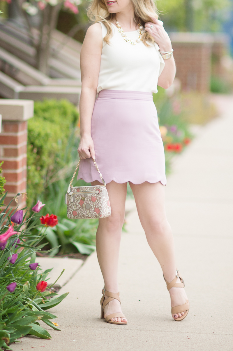 Petite Fashion and Style Blog | ASOS A-Line Mini Skirt with Scallop Hem | Ann Taylor Flounce Shoulder Shell | Coach Lolita Wristlet | Click to Read More...