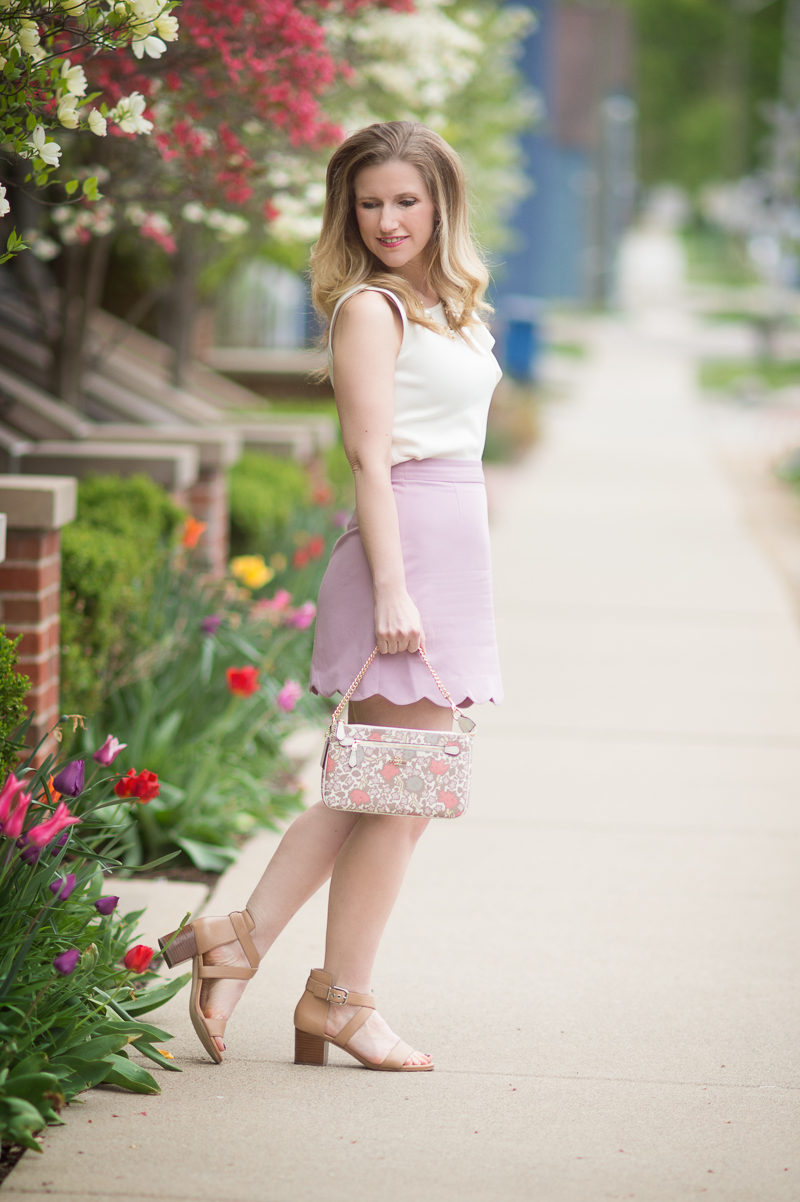 Petite Fashion and Style Blog | ASOS A-Line Mini Skirt with Scallop Hem | Ann Taylor Flounce Shoulder Shell | Coach Lolita Wristlet | Click to Read More...