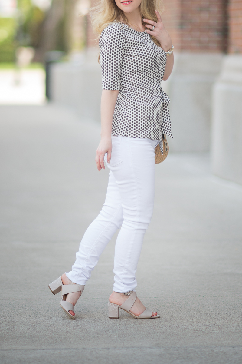 Petite Fashion and Style Blog | Ann Taylor Dot Bow Front Top | Hudson Mid Rise Ankle Skinny Jeans | Sea and Grass Ava Crossbody Tote | Click to Read More...
