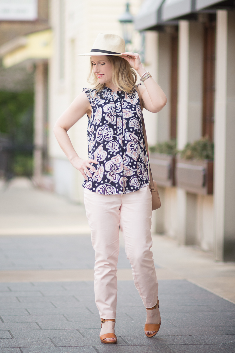 Petite Fashion and Style Blog | Ann Taylor Floral Cutout Ruffle Shell | Maison Jules Ankle Pants | gucci Soho Disco Bag