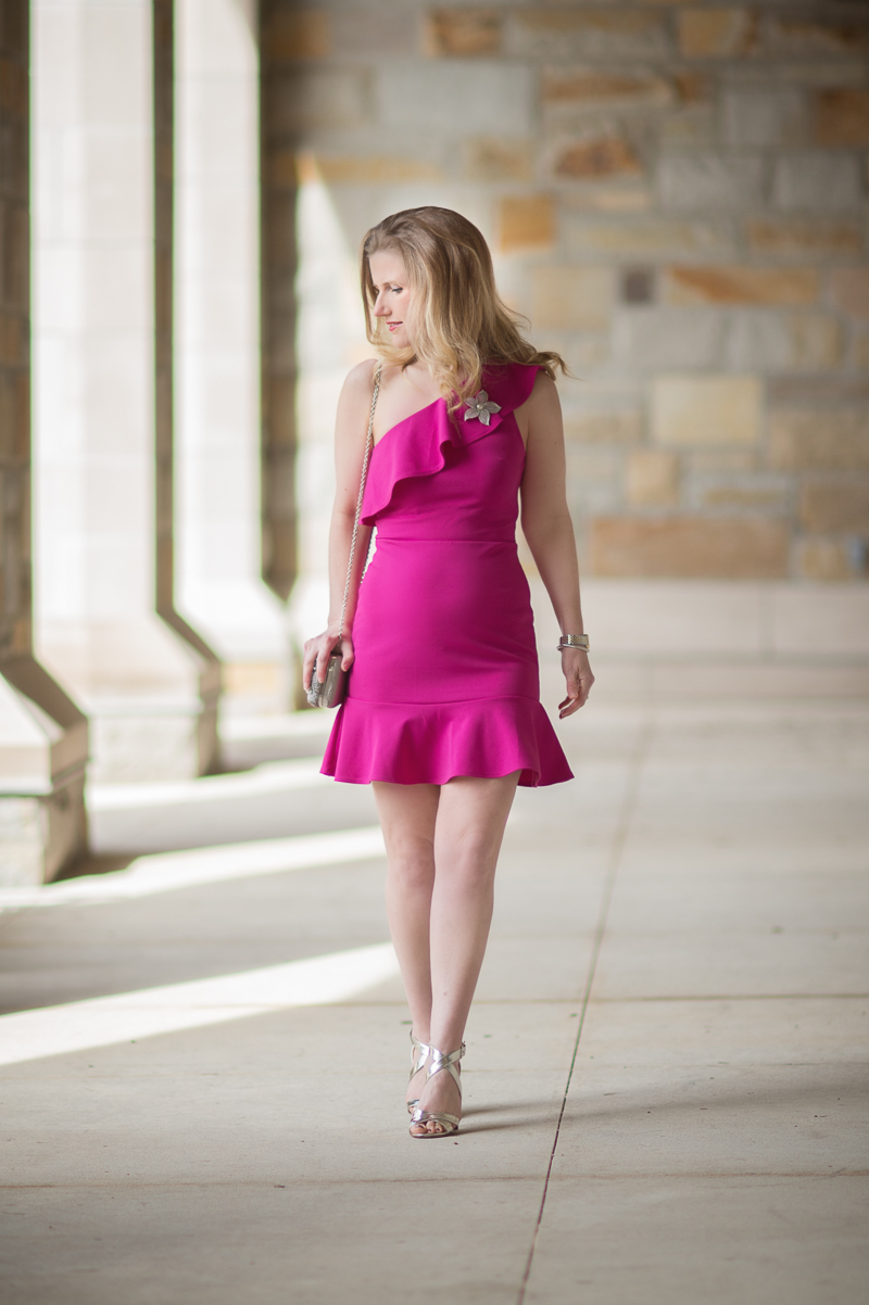 Petite Fashion and Style Blog | Bloomingdales Aqua One Shoulder Ruffle Dress | Tuileries Beaded Minaudière-Glint | Sweet and Spark Vintage Brooch | Click to Read More...