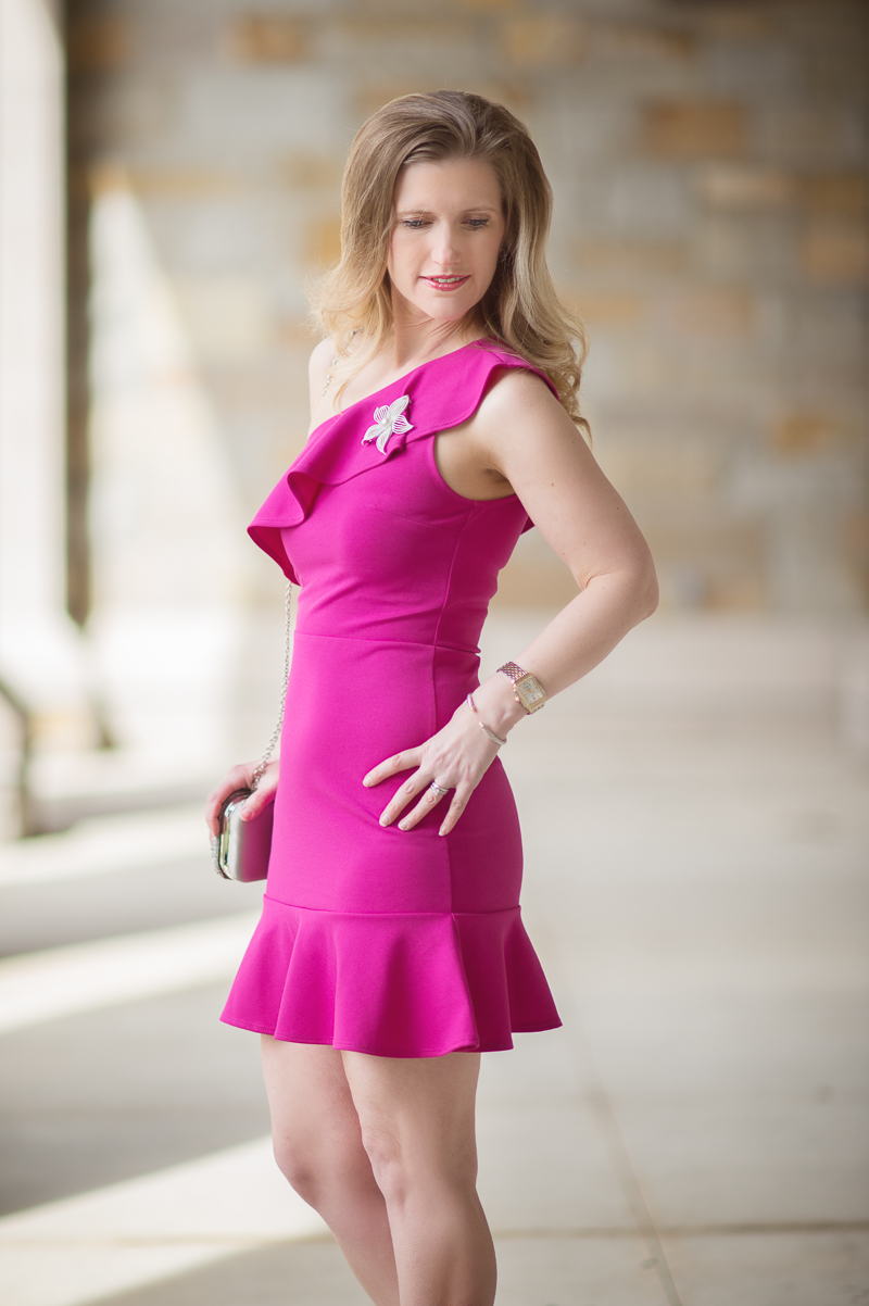 Petite Fashion and Style Blog | Bloomingdales Aqua One Shoulder Ruffle Dress | Tuileries Beaded Minaudière-Glint | Sweet and Spark Vintage Brooch | Click to Read More...