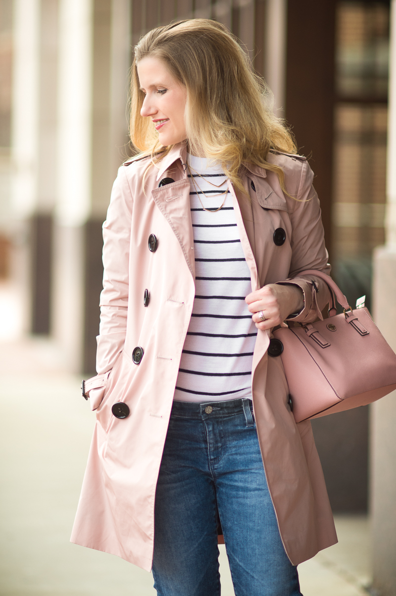 Petite Fashion and Style Blog | Burberry Sandringham Trench Coat | Club Monaco Mackenzie Striped Sweater | AG The Legging Ankle Jeans | Chloe Lauren Flats | Click to Read More...