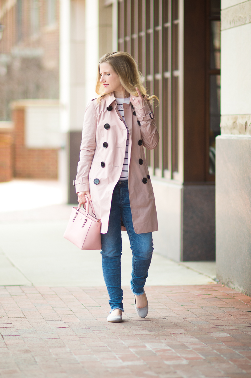 Petite Fashion and Style Blog | Burberry Sandringham Trench Coat | Club Monaco Mackenzie Striped Sweater | AG The Legging Ankle Jeans | Chloe Lauren Flats | Click to Read More...