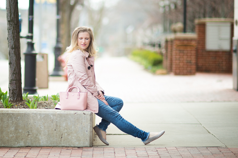 Petite Fashion and Style Blog | Burberry Rose Pink Taffeta 'Plympton' Trench Coat | Club Monaco Mackenzie Striped Sweater | AG The Legging Ankle Jeans | Chloe Lauren Flats | Click to Read More...
