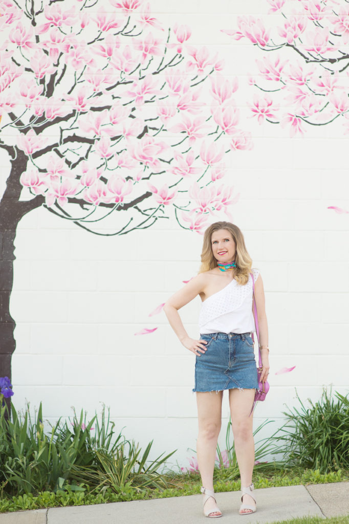 Petite Fashion and Style Blog | Loft Eyelet One Shoulder Top | Topshop Denim Mini Skirt | Gucci Marmont Metelasse Mini Bag | Via Spiga Carson Sandals | Click to Read More...