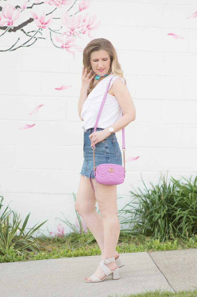 Petite Fashion and Style Blog | Loft Eyelet One Shoulder Top | Topshop Denim Mini Skirt | Gucci Marmont Metelasse Mini Bag | Via Spiga Carson Sandals | Click to Read More...