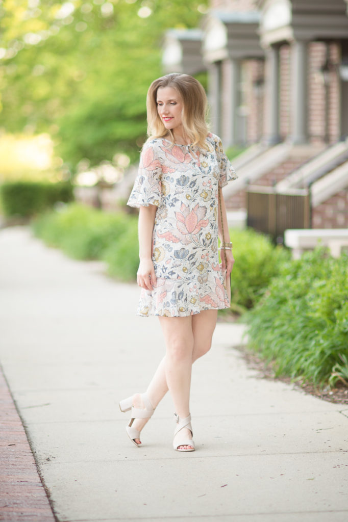 Petite Fashion and Style Blog | Loft Shimmer Floral Flounce Dress | Via Spiga Carson Sandals | Click to Read More...