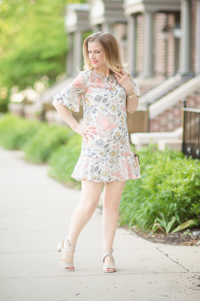 Petite Fashion and Style Blog | Loft Shimmer Floral Flounce Dress | Via Spiga Carson Sandals | Click to Read More...