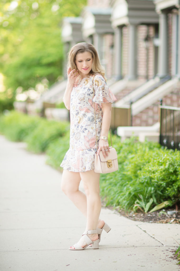 Petite Fashion and Style Blog | Loft Shimmer Floral Flounce Dress | Via Spiga Carson Sandals | Click to Read More...