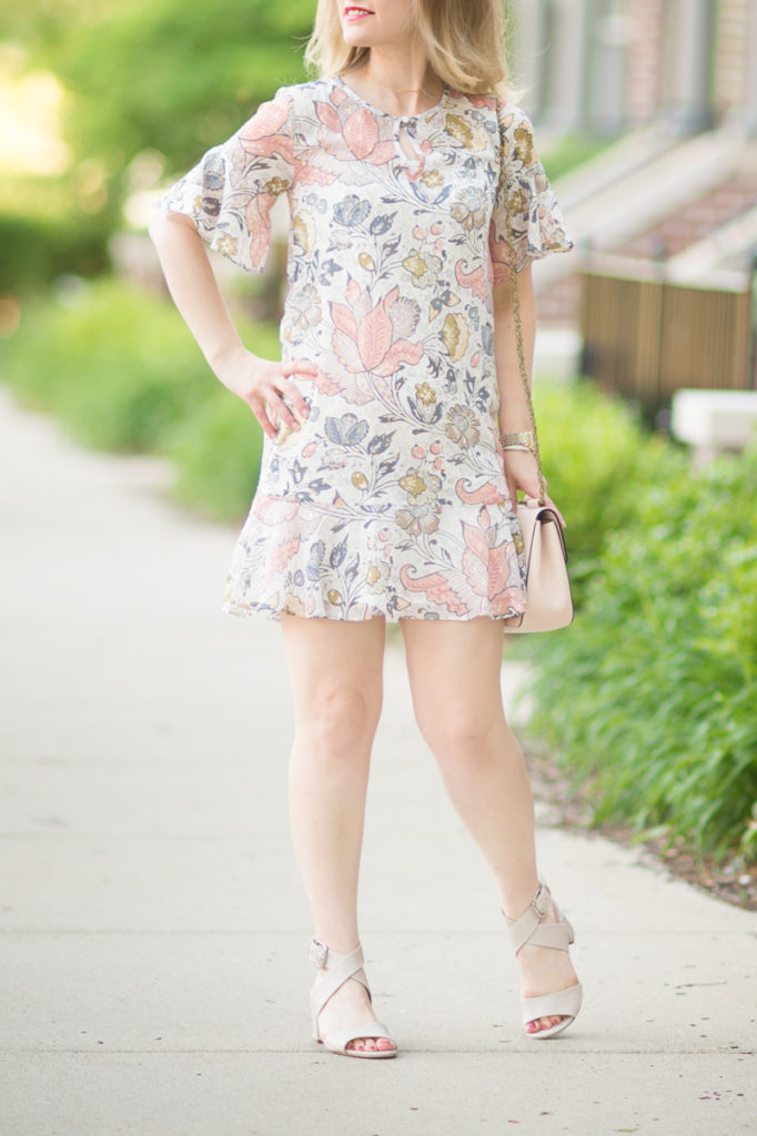Petite Fashion and Style Blog | Loft Shimmer Floral Flounce Dress | Via Spiga Carson Sandals | Click to Read More...