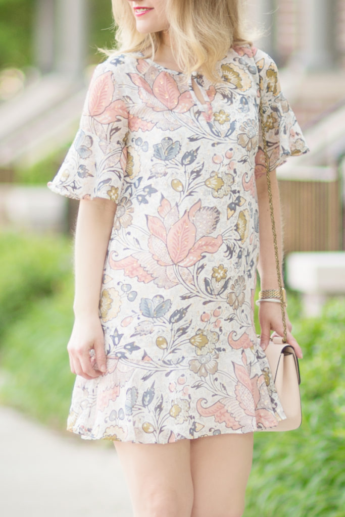 Petite Fashion and Style Blog | Loft Shimmer Floral Flounce Dress | Via Spiga Carson Sandals | Click to Read More...