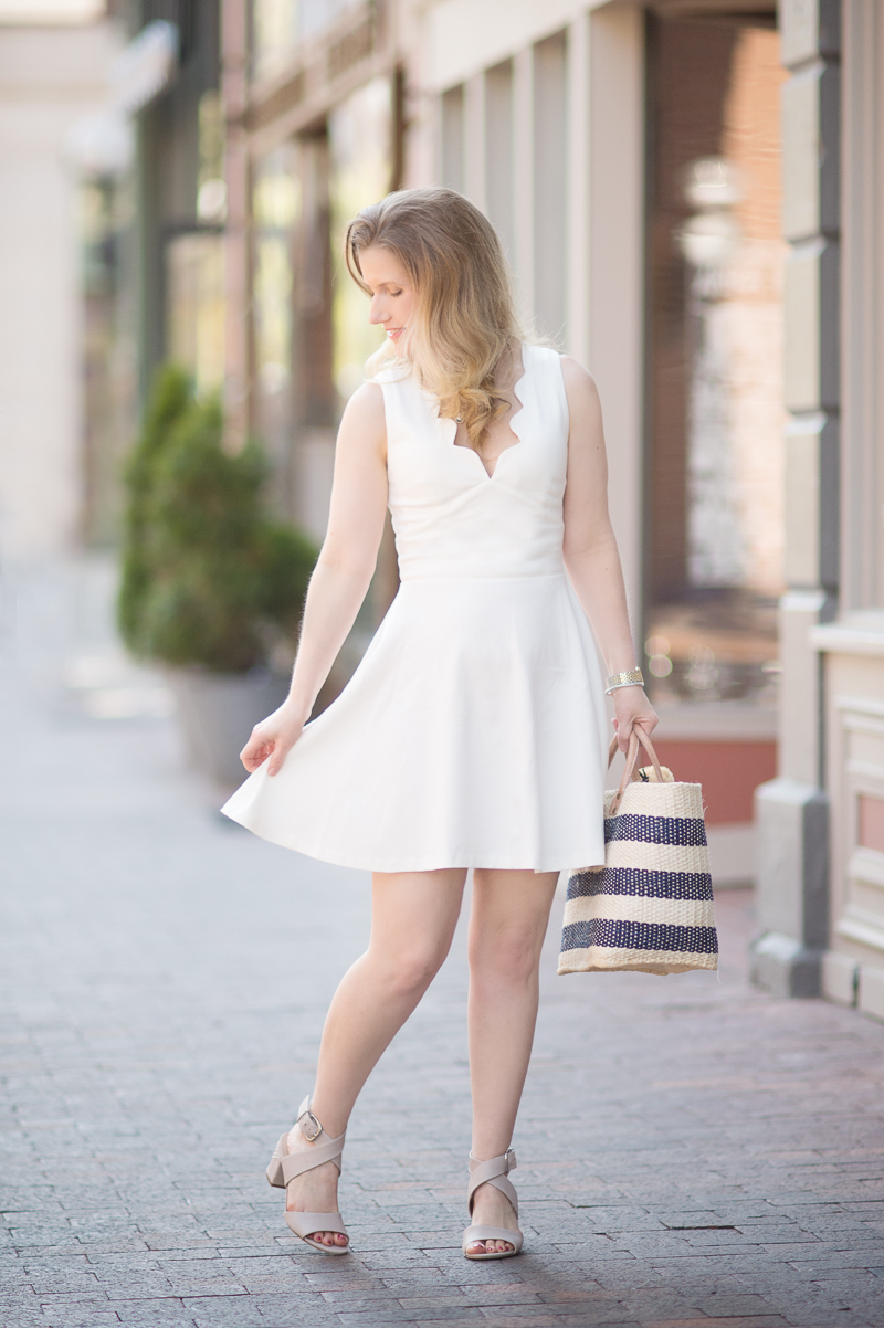 Petite Fashion and Style Blog | Love...Ady | Scalloped V-Neck Mini Fit & Flare Dress | Mar Y Sol Collins Woven Tote | Via Spiga 'Carson' Sandal | Click to Read More...
