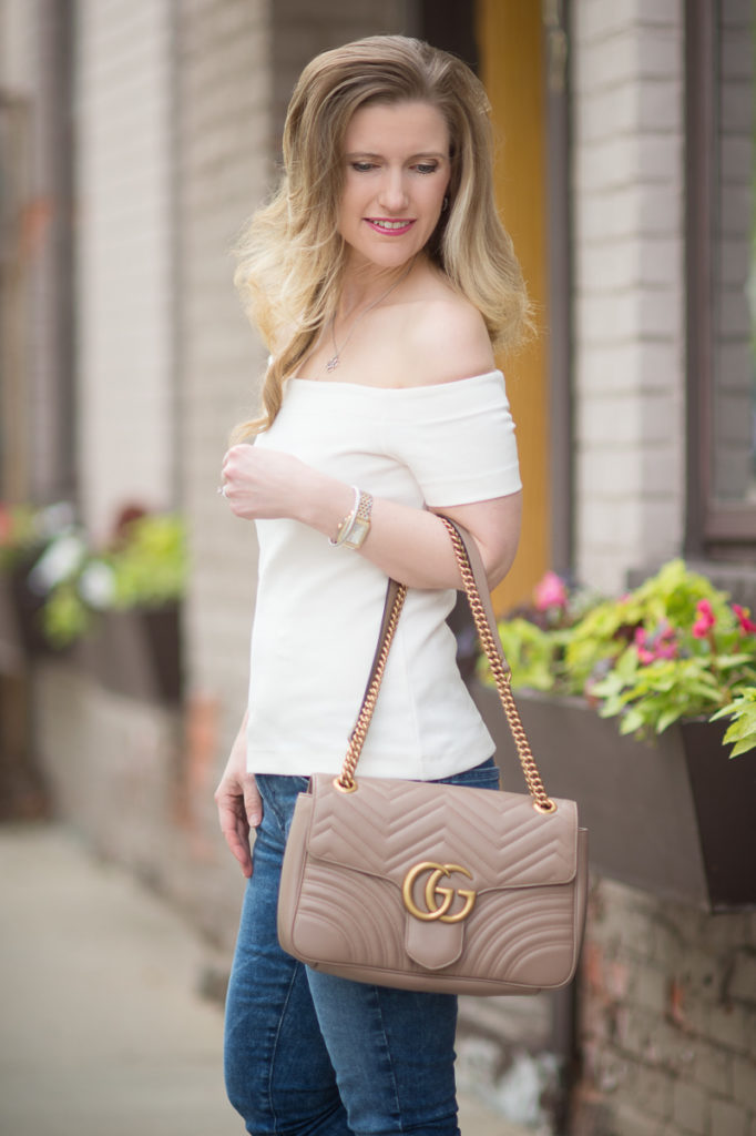 Petite Fashion and Style Blog | Ann Taylor Off The Shoulder Top | AG The Legging Ankle Jeans | Gucci Marmont Shoulder Bag | Louis et Cie Dugan Flat Loafer Mule | Click to Read More...