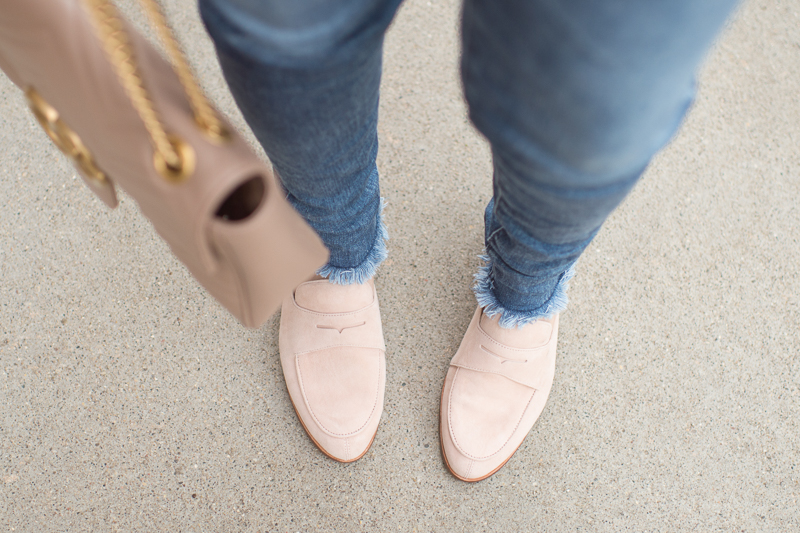Petite Fashion and Style Blog | Ann Taylor Off The Shoulder Top | AG The Legging Ankle Jeans | Gucci Marmont Shoulder Bag | Louis et Cie Dugan Flat Loafer Mule | Click to Read More...