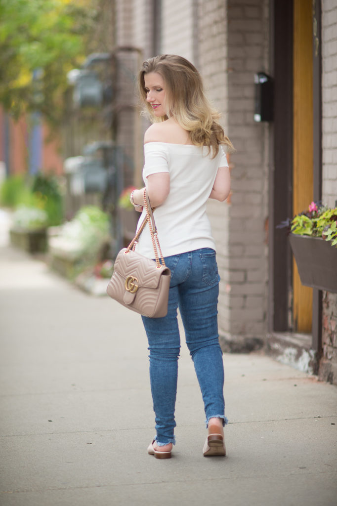 Petite Fashion and Style Blog | Ann Taylor Off The Shoulder Top | AG The Legging Ankle Jeans | Gucci Marmont Shoulder Bag | Louis et Cie Dugan Flat Loafer Mule | Click to Read More...