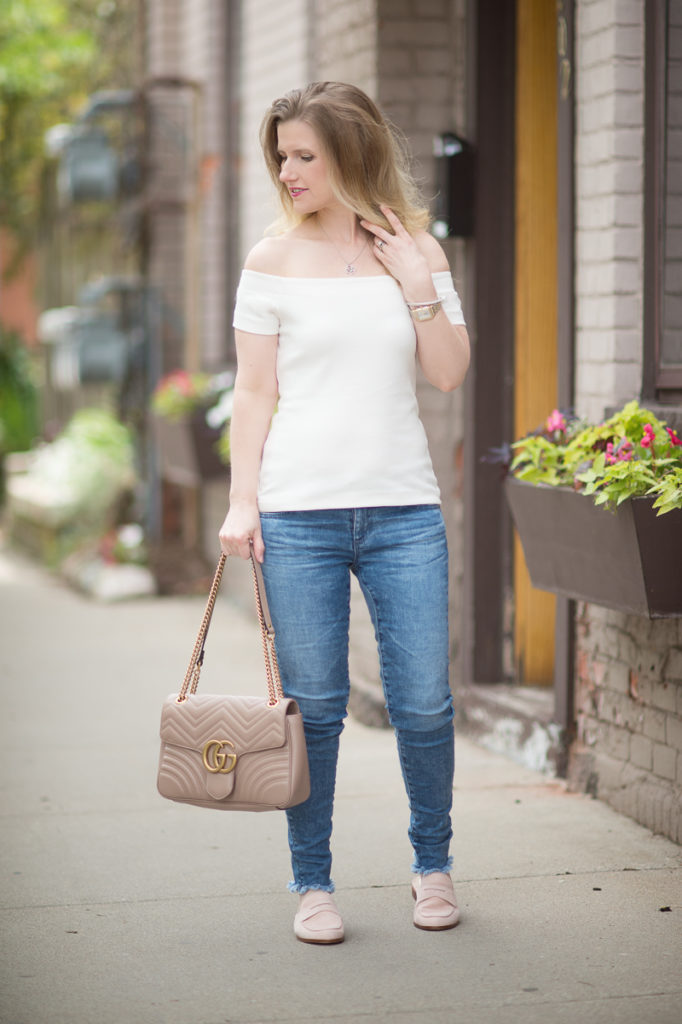Petite Fashion and Style Blog | Ann Taylor Off The Shoulder Top | AG The Legging Ankle Jeans | Gucci Marmont Shoulder Bag | Louis et Cie Dugan Flat Loafer Mule | Click to Read More...
