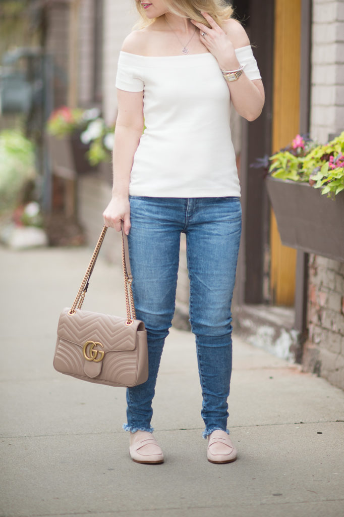 Petite Fashion and Style Blog | Ann Taylor Off The Shoulder Top | AG The Legging Ankle Jeans | Gucci Marmont Shoulder Bag | Louis et Cie Dugan Flat Loafer Mule | Click to Read More...