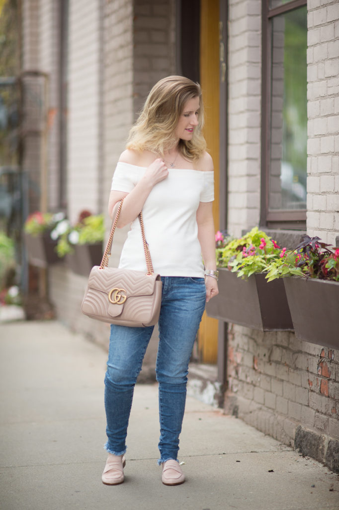 Petite Fashion and Style Blog | Ann Taylor Off The Shoulder Top | AG The Legging Ankle Jeans | Gucci Marmont Shoulder Bag | Louis et Cie Dugan Flat Loafer Mule | Click to Read More...