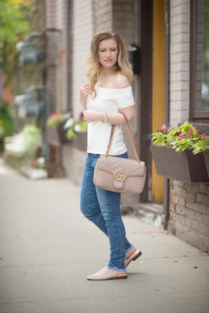 Petite Fashion and Style Blog | Ann Taylor Off The Shoulder Top | AG The Legging Ankle Jeans | Gucci Marmont Shoulder Bag | Louis et Cie Dugan Flat Loafer Mule | Click to Read More...
