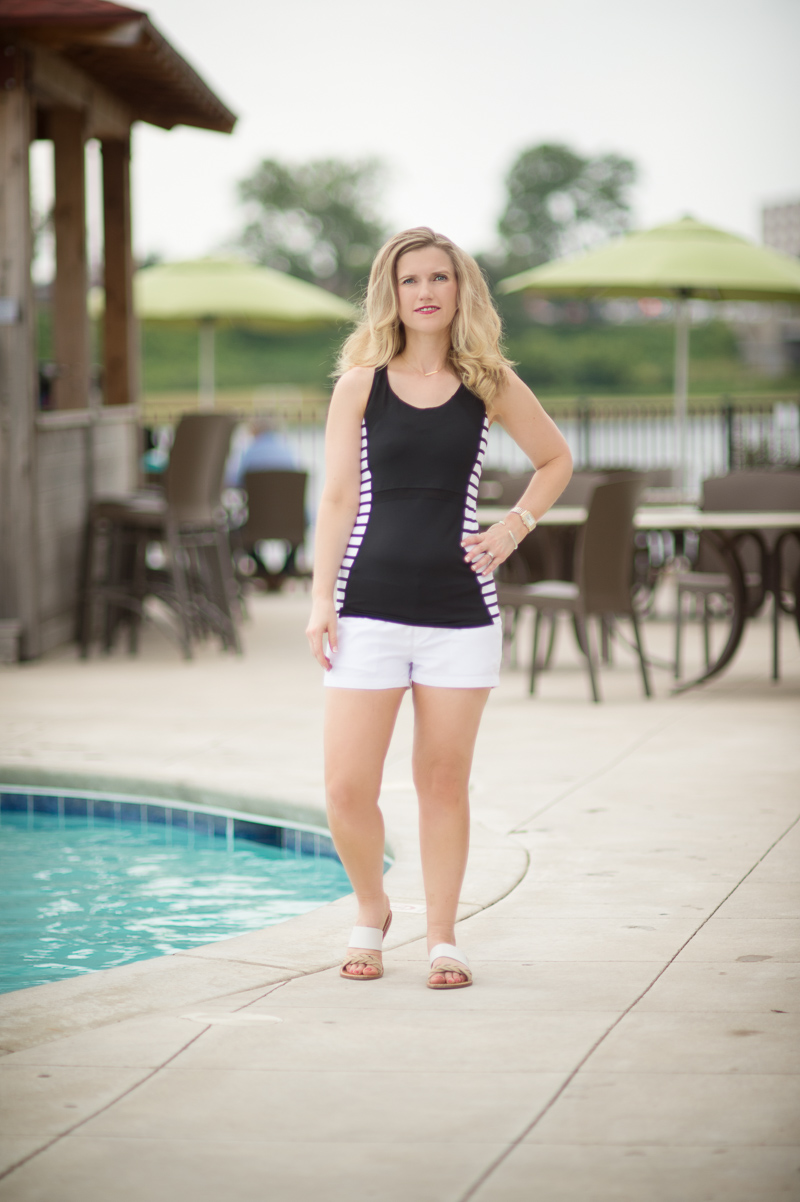 Petite Fashion and Style Blog | Cabana Life White Microfiber Swim Shorts | Athleta Stripe Ace Racer | Soludos Two-Tone Braided Slide Sandals | Click to Read More...
