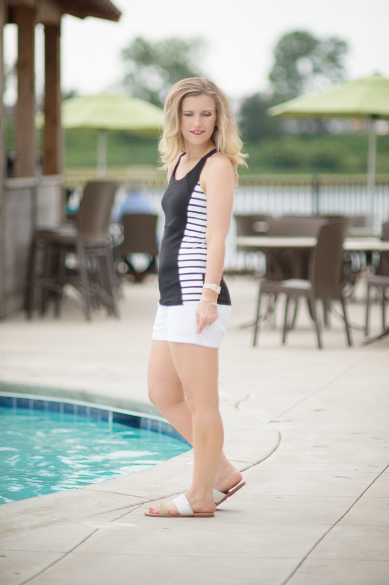 Petite Fashion and Style Blog | Cabana Life White Microfiber Swim Shorts | Athleta Stripe Ace Racer | Soludos Two-Tone Braided Slide Sandals | Click to Read More...