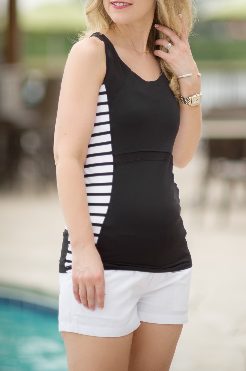 Petite Fashion and Style Blog | Cabana Life White Microfiber Swim Shorts | Athleta Stripe Ace Racer | Soludos Two-Tone Braided Slide Sandals | Click to Read More...