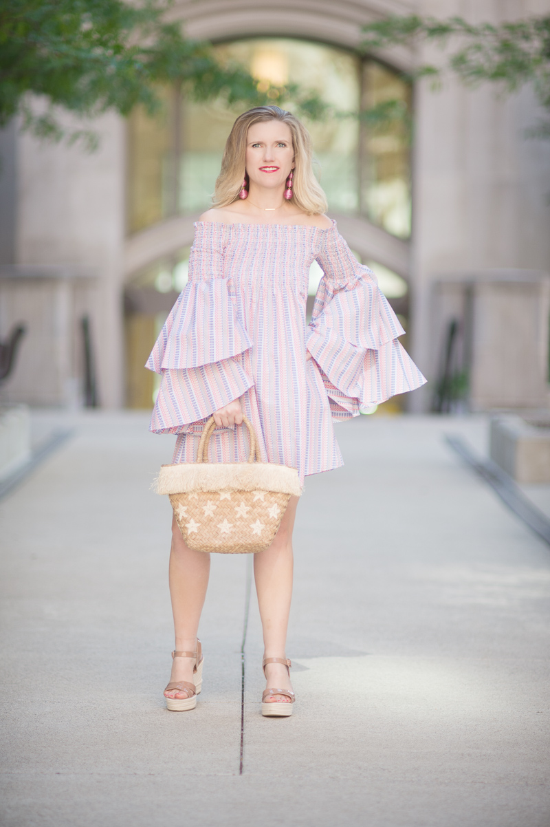 Petite Fashion and Style Blog | Caroline Constas-Appolonia Off-the-Shoulder Mini Dress | Kayu Stellar Tote | Sergio Rossi Maui Platform Wedge Sandals | Click to Read More... 