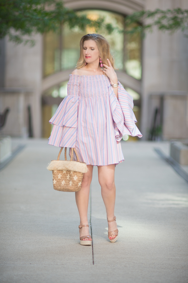 Petite Fashion and Style Blog | Caroline Constas-Appolonia Off-the-Shoulder Mini Dress | Kayu Stellar Tote | Sergio Rossi Maui Platform Wedge Sandals | Click to Read More... 
