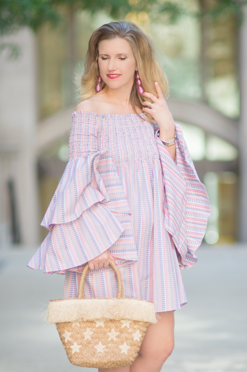 Petite Fashion and Style Blog | Caroline Constas-Appolonia Off-the-Shoulder Mini Dress | Kayu Stellar Tote | Sergio Rossi Maui Platform Wedge Sandals | Click to Read More... 