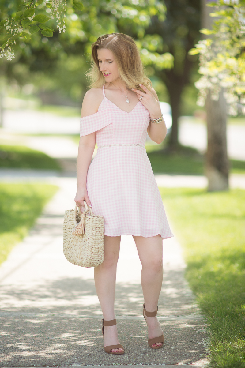 Petite Fashion and Style | JOA Pink Cold Shoulder Dress | Hat Attack Small Round Handle Tote | Steve Madden Gerard Bock Heel | OPI Infinite Shine Nail Lacquer | Click to Read More...