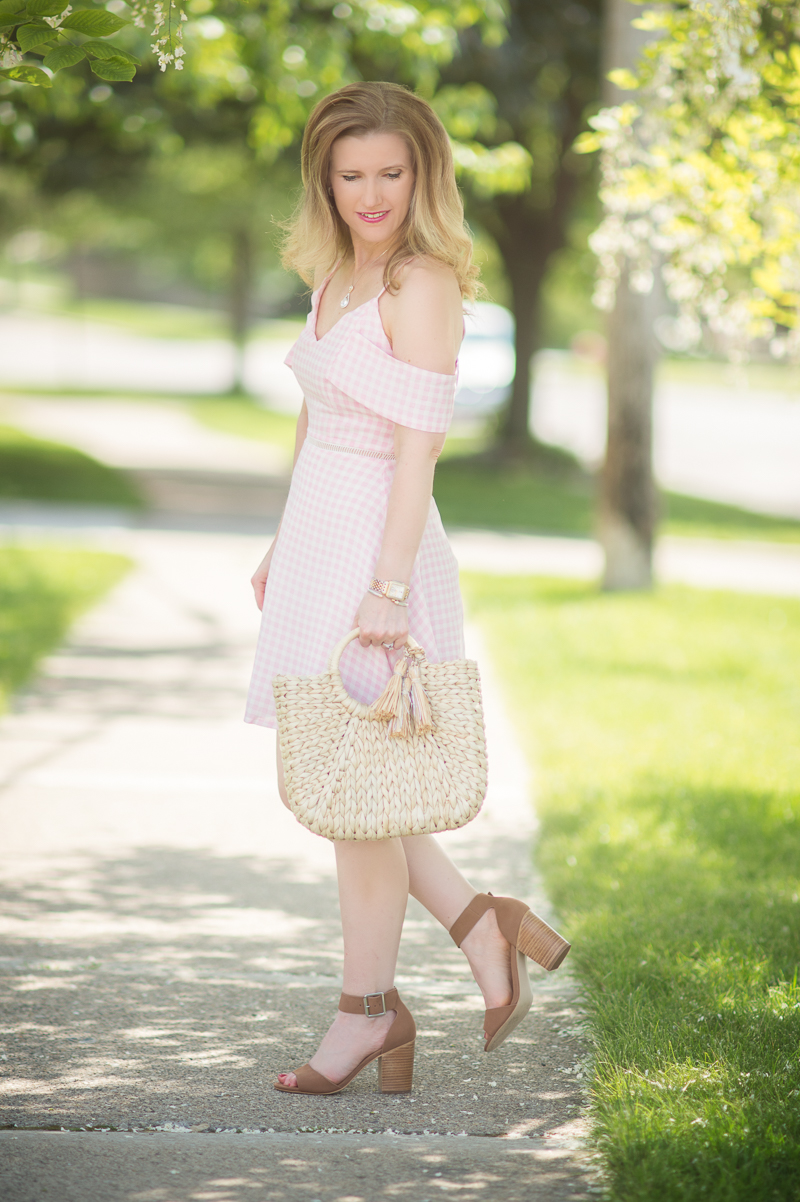 Petite Fashion and Style | JOA Pink Cold Shoulder Dress | Hat Attack Small Round Handle Tote | Steve Madden Gerard Bock Heel | OPI Infinite Shine Nail Lacquer | Click to Read More...