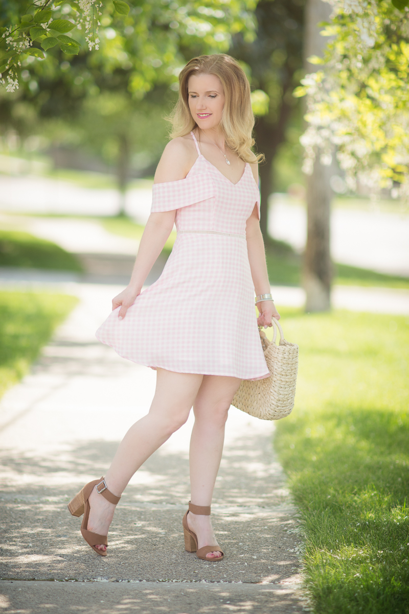 Petite Fashion and Style | JOA Pink Cold Shoulder Dress | Hat Attack Small Round Handle Tote | Steve Madden Gerard Bock Heel | OPI Infinite Shine Nail Lacquer | Click to Read More...