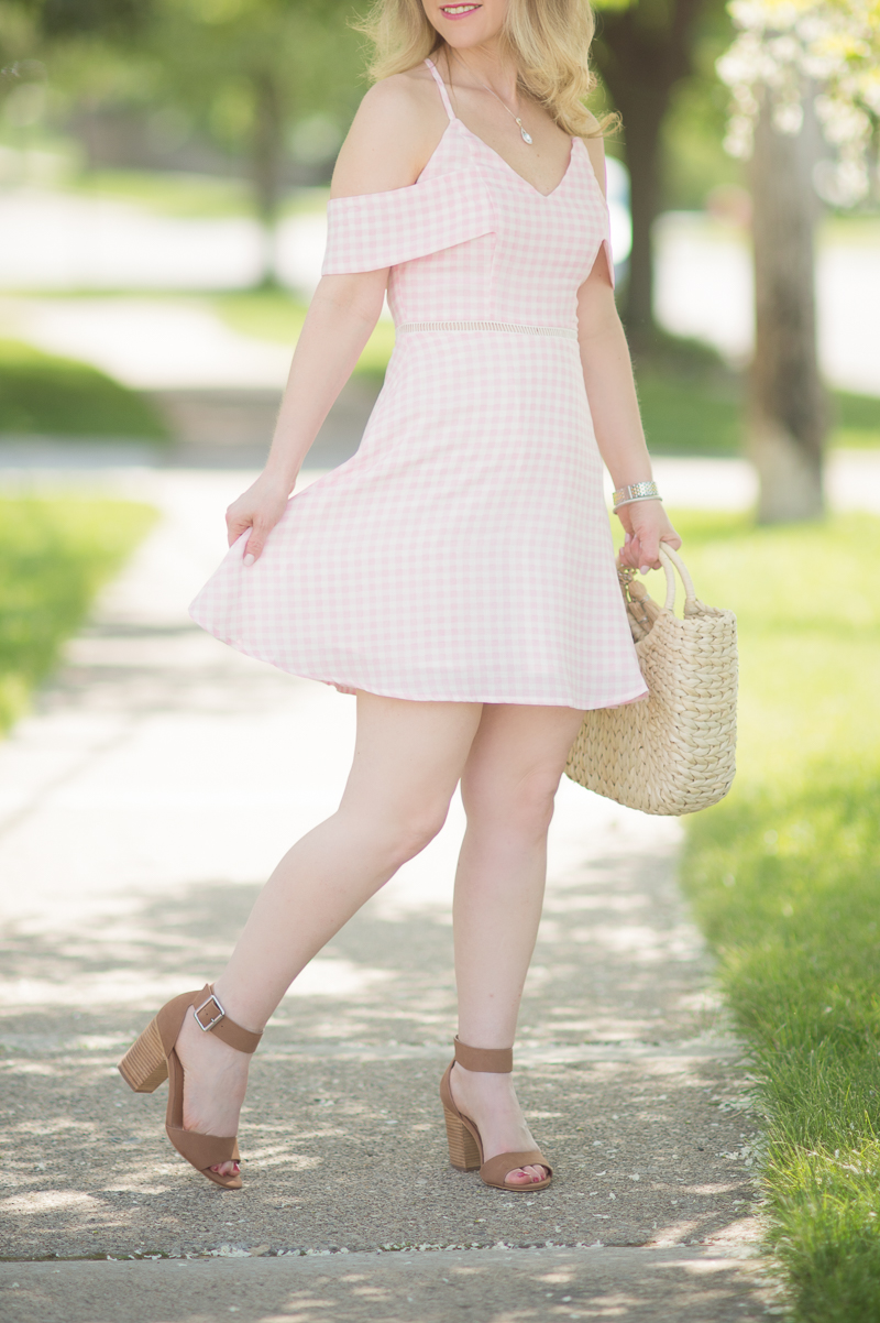 Petite Fashion and Style | JOA Pink Cold Shoulder Dress | Hat Attack Small Round Handle Tote | Steve Madden Gerard Bock Heel | OPI Infinite Shine Nail Lacquer | Click to Read More...