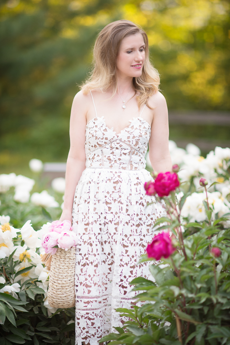 Petite Fashion and Style Blog | Nichols Arboretum Peony Garden | Self Portrait Azalea Dress | Hat Attack Round Handle Tote | Click to Read More...