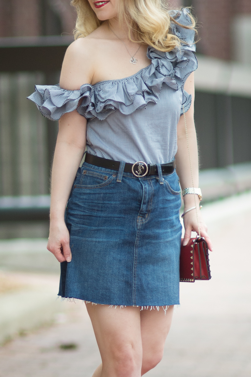 Petite Fashion and Style Blog | Petersyn Arabella Ruffle One Shoulder Top | J. Crew Denim Skirt with Raw Hem | Ann Taylor Leda Block Heel Sandal | Valentino Rockstud Flap Bag | Click to Read More...