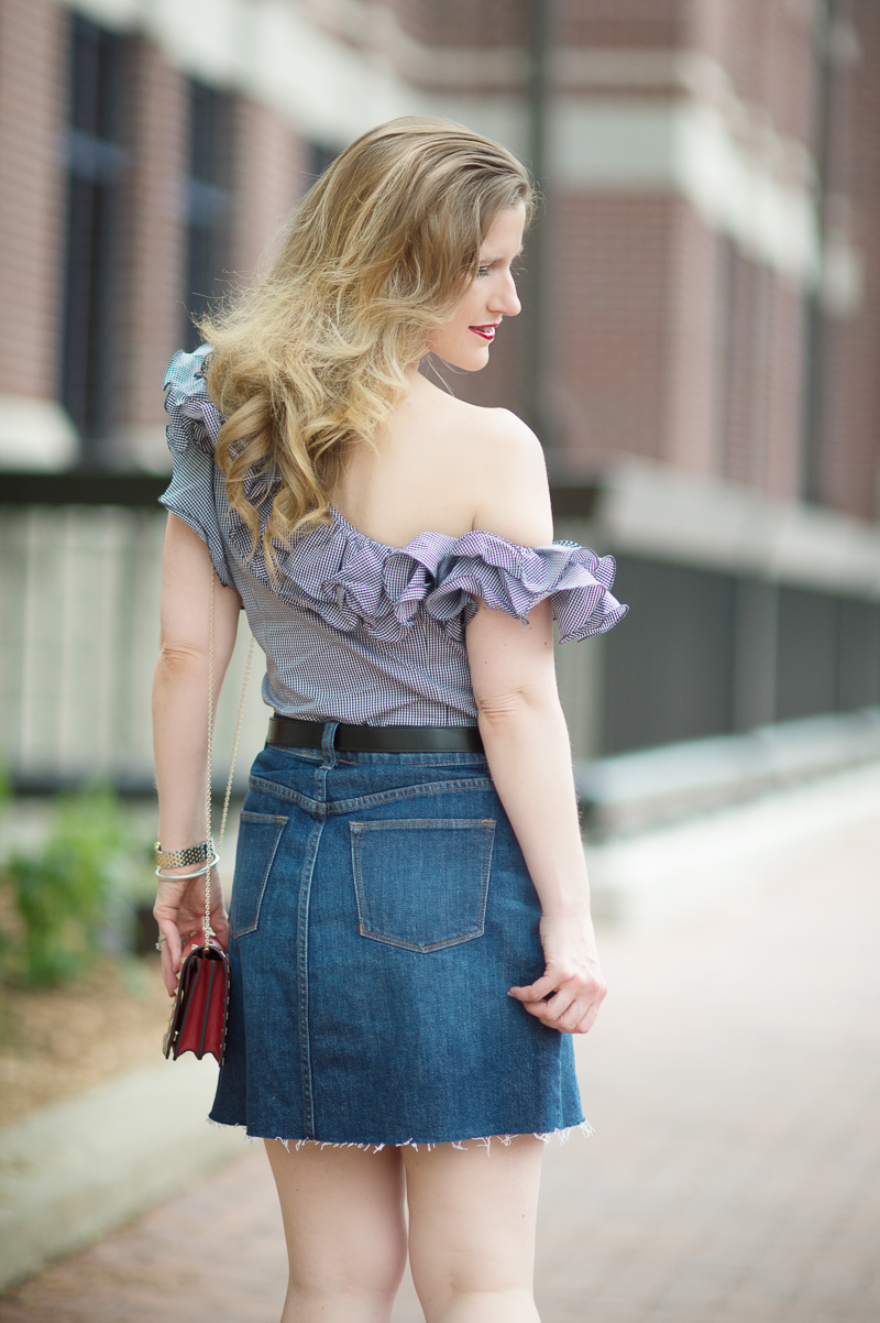 Petite Fashion and Style Blog | Petersyn Arabella Ruffle One Shoulder Top | J. Crew Denim Skirt with Raw Hem | Ann Taylor Leda Block Heel Sandal | Valentino Rockstud Flap Bag | Click to Read More...