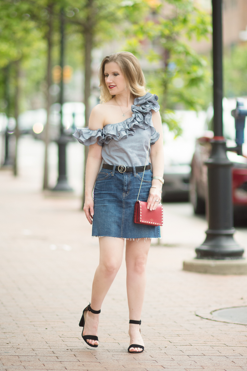 Petite Fashion and Style Blog | Petersyn Arabella Ruffle One Shoulder Top | J. Crew Denim Skirt with Raw Hem | Ann Taylor Leda Block Heel Sandal | Valentino Rockstud Flap Bag | Click to Read More...