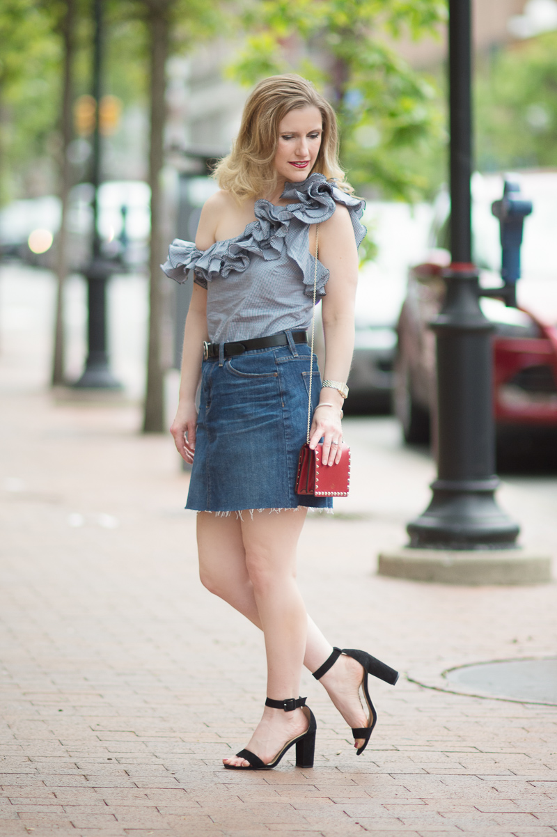 Petite Fashion and Style Blog | Petersyn Arabella Ruffle One Shoulder Top | J. Crew Denim Skirt with Raw Hem | Ann Taylor Leda Block Heel Sandal | Valentino Rockstud Flap Bag | Click to Read More...