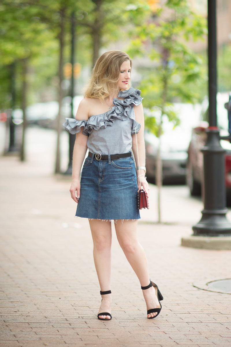 Petite Fashion and Style Blog | Petersyn Arabella Ruffle One Shoulder Top | J. Crew Denim Skirt with Raw Hem | Ann Taylor Leda Block Heel Sandal | Valentino Rockstud Flap Bag | Click to Read More...