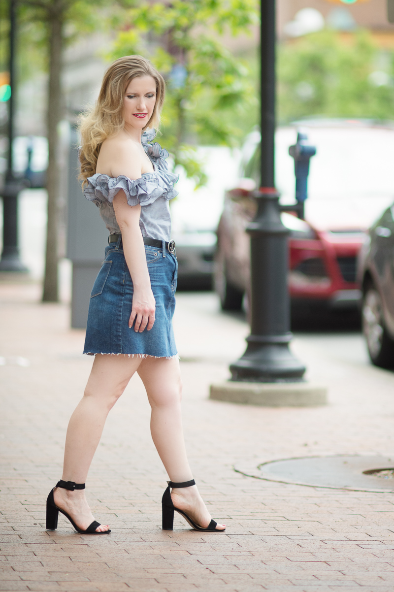 Petite Fashion and Style Blog | Petersyn Arabella Ruffle One Shoulder Top | J. Crew Denim Skirt with Raw Hem | Ann Taylor Leda Block Heel Sandal | Valentino Rockstud Flap Bag | Click to Read More...